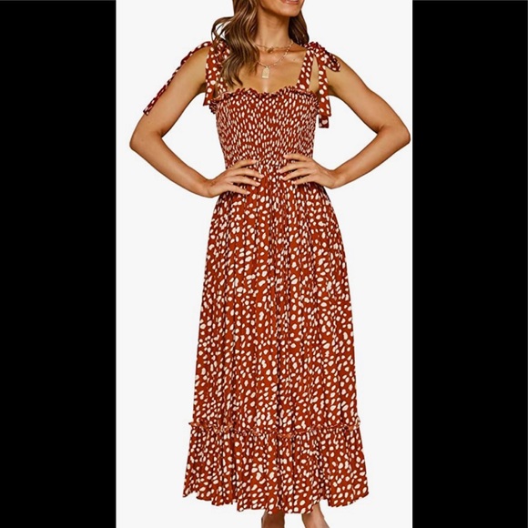 Flowy Midi Dress in orange-red with polka dots - Picture 2 of 5